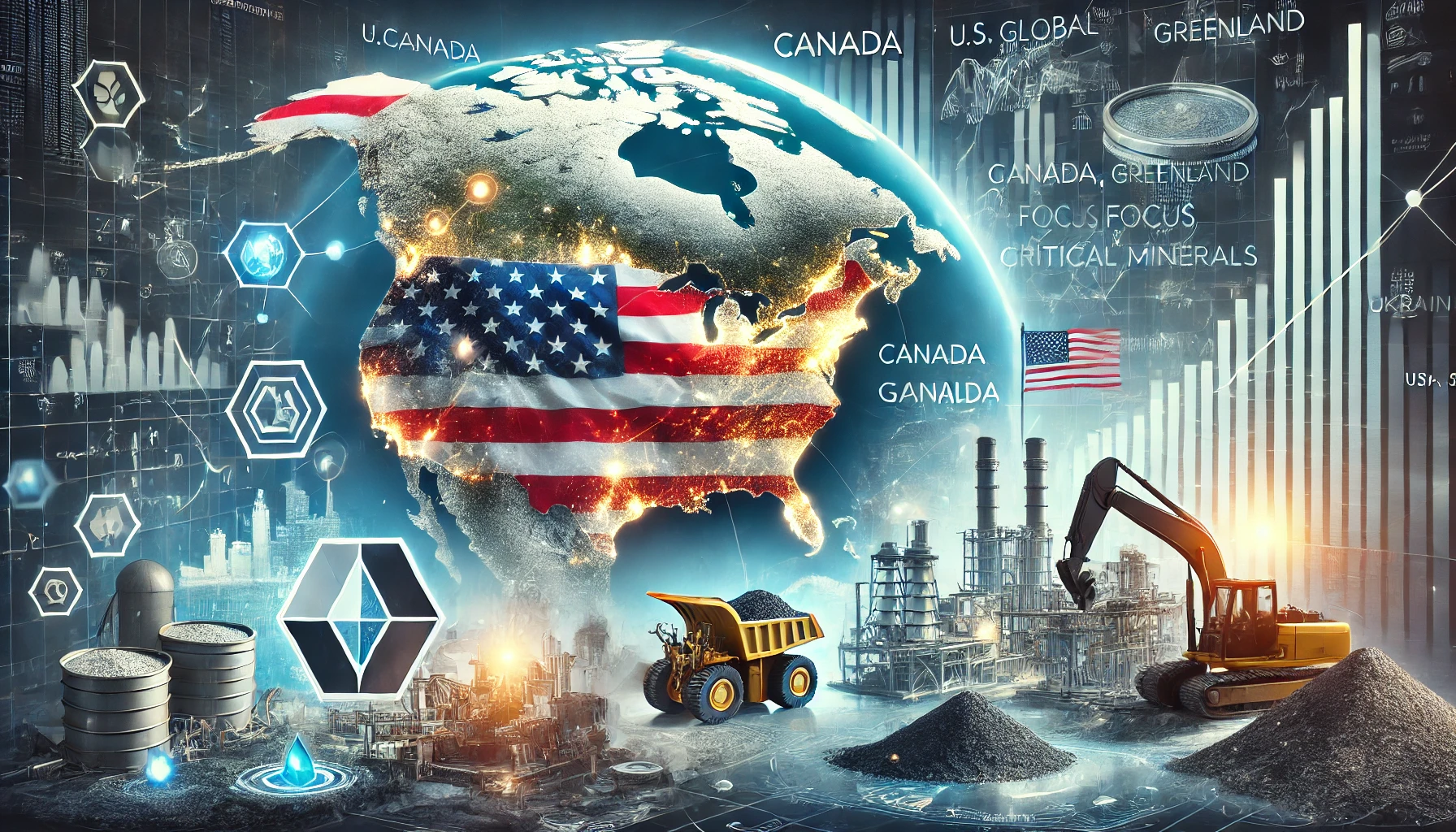 A geopolitical map highlighting the U.S., Canada, Greenland, and Ukraine with mining icons, overlaid by an American flag, symbolizing U.S. influence in the critical minerals sector.