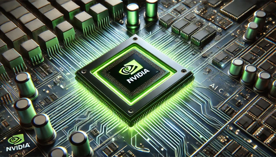 A glowing NVIDIA AI chip with neon green lights on a high-tech circuit board, symbolizing the company's rapid AI chip development.