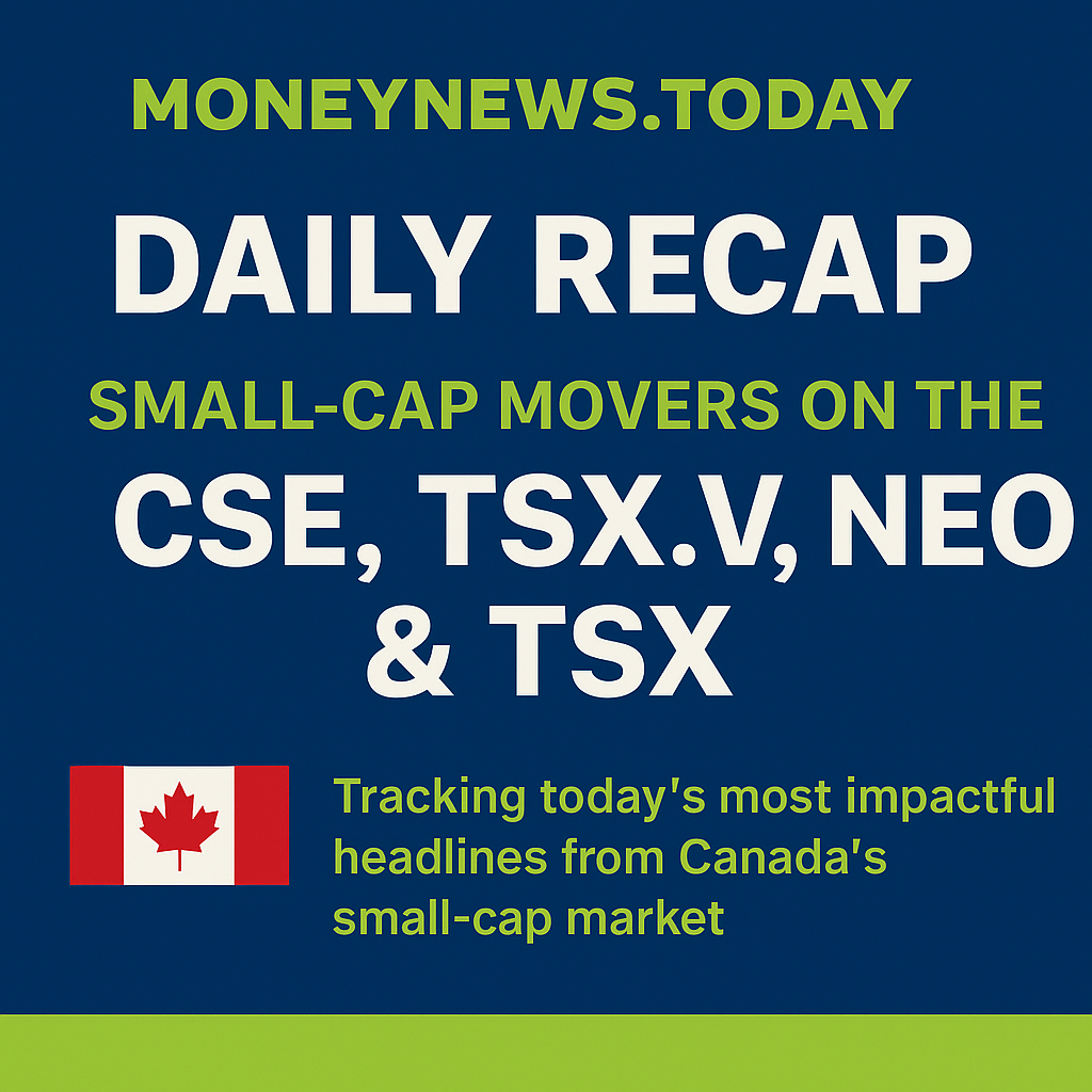 Square graphic for "Money News Today" featuring a daily recap of Canadian small-cap stocks on the CSE, TSX.V, NEO, and TSX with a blue and lime green color scheme and a Canadian flag icon.