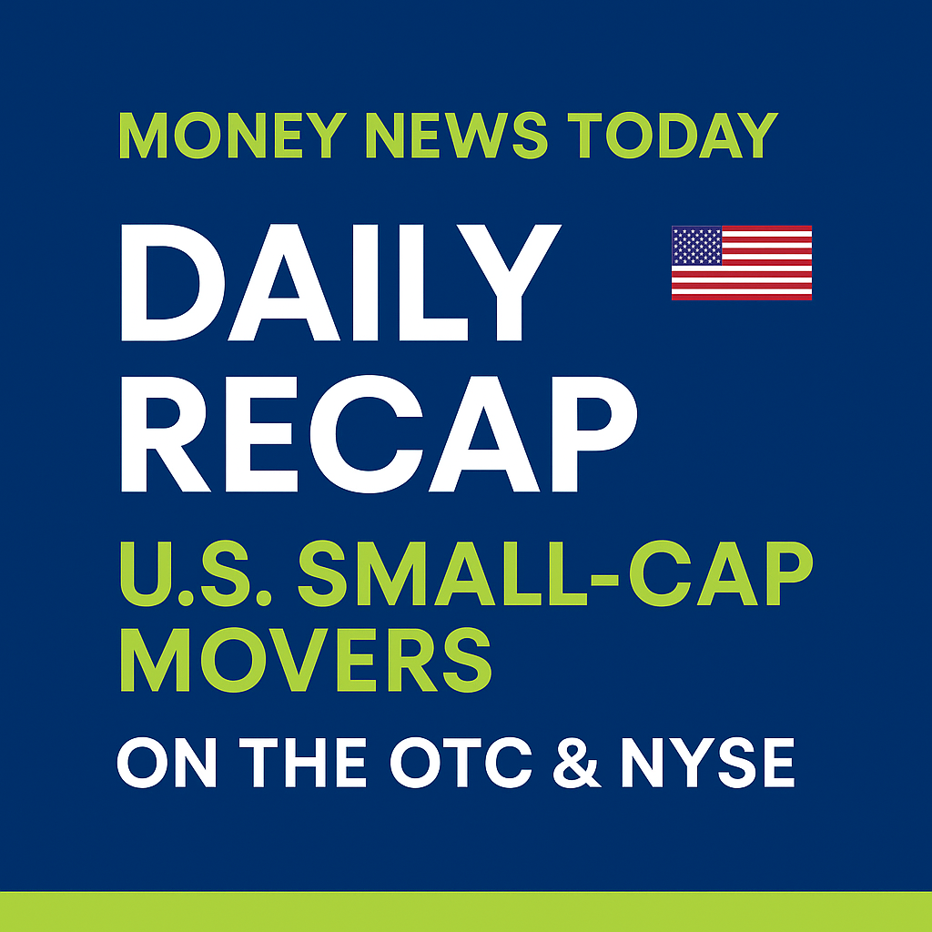 Square graphic for “Money News Today” summarizing daily U.S. small-cap stock movers on the OTC and NYSE, with blue and lime green design and a U.S. flag icon.
