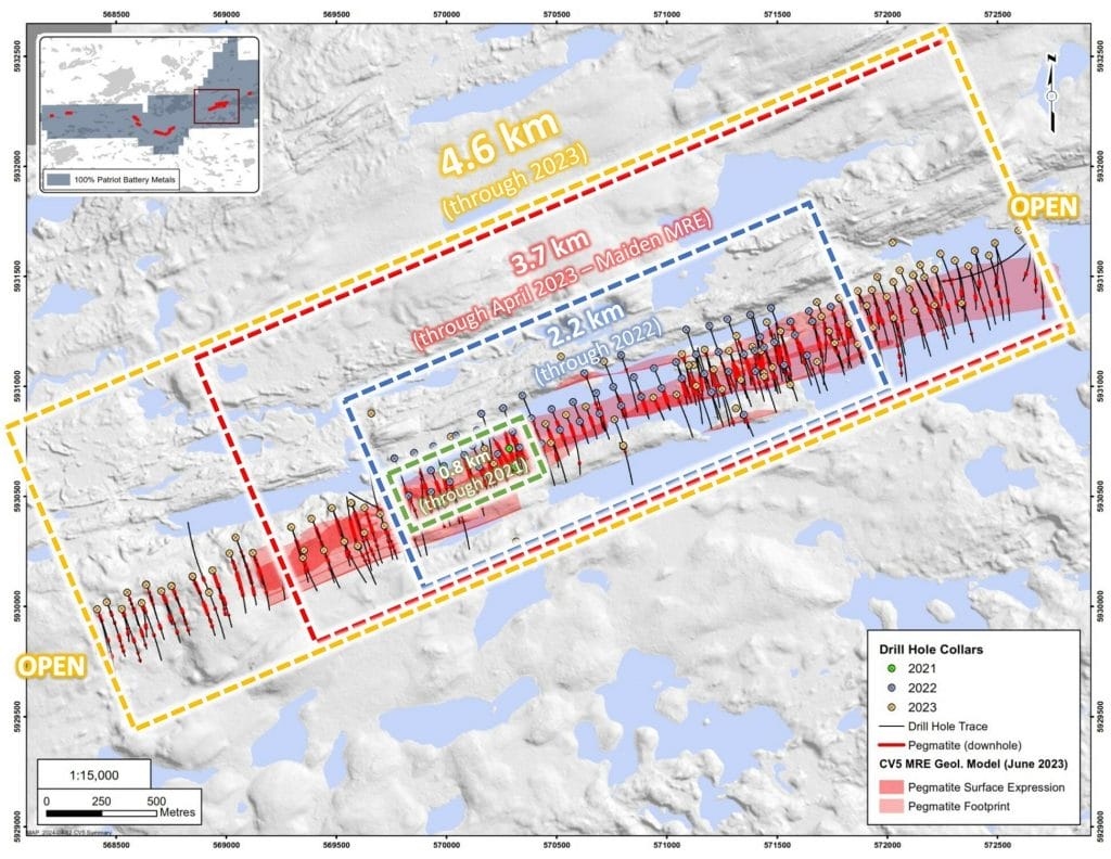 Patriot Battery Metals (tsx:pmet) Reports High Grade Lithium Results From 2023 Drilling At Cv5 At Corvette, Including 133.9 M At 1.21% Li2o And Extending Strike To 4.6 Km