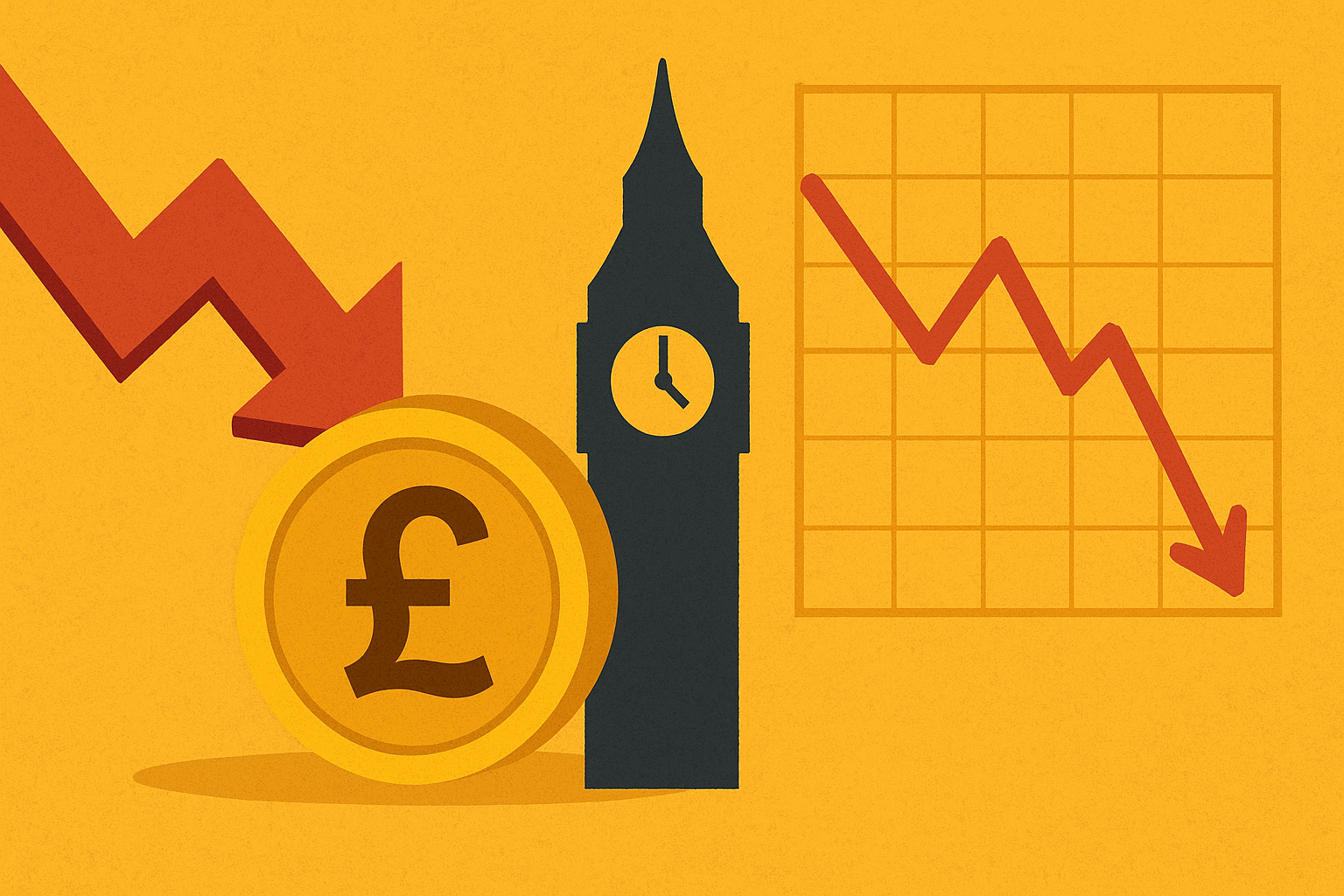 Illustration of Big Ben and the U.K. Parliament partially overshadowed by storm clouds, with rising arrows symbolizing bond yields and stacks of coins leaning precariously to represent financial instability.