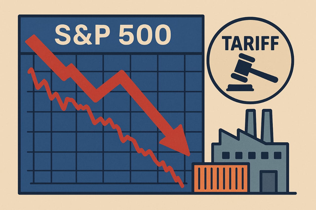 Illustration of a downward trending S&P 500 chart with a red arrow, a gavel symbol representing tariffs, a factory, and a shipping container—symbolizing market decline due to trade tensions.