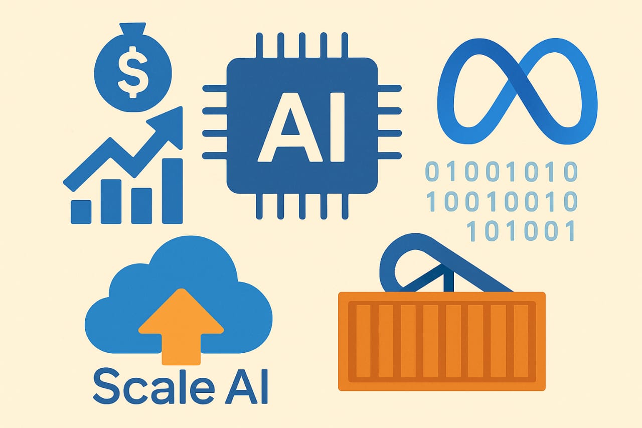 Illustrated symbols representing artificial intelligence, Meta's infinity logo, Scale AI's cloud with an upward arrow, binary code, and financial growth icons such as a dollar sign and upward graph, symbolizing Meta’s investment in AI infrastructure.