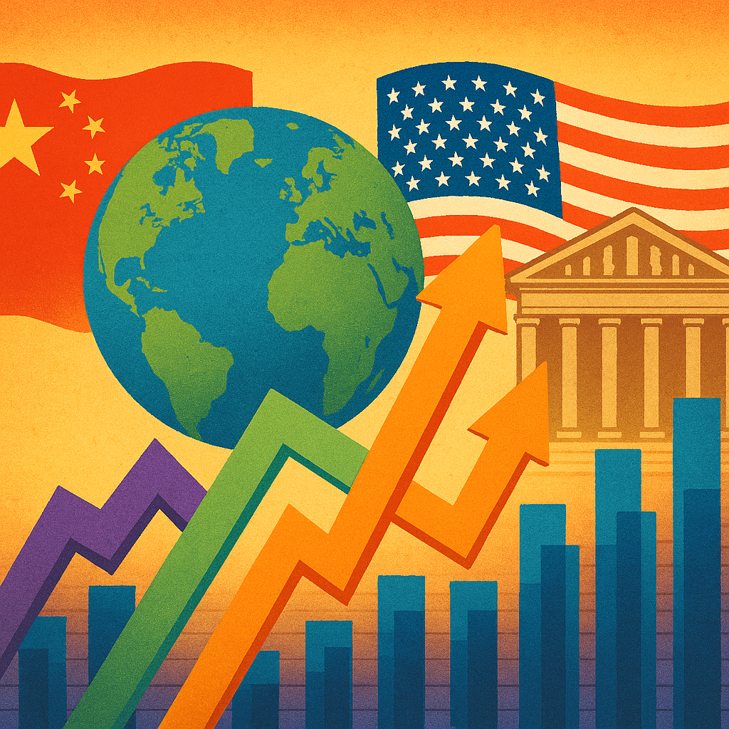 Illustration showing global stock market growth with upward arrows, U.S. and China flags, Earth, and stock exchange building.
