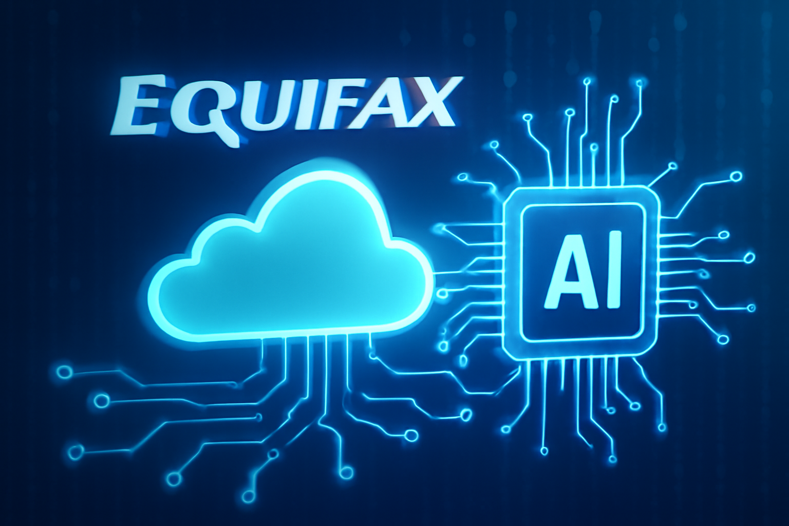 A digital illustration showcasing Equifax's focus on cloud computing and AI, with glowing cloud and AI microchip icons.